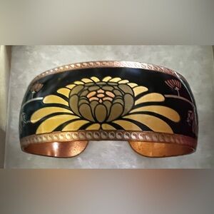 Artistic Black and Gold Enamel Lotus Flower Bracelet